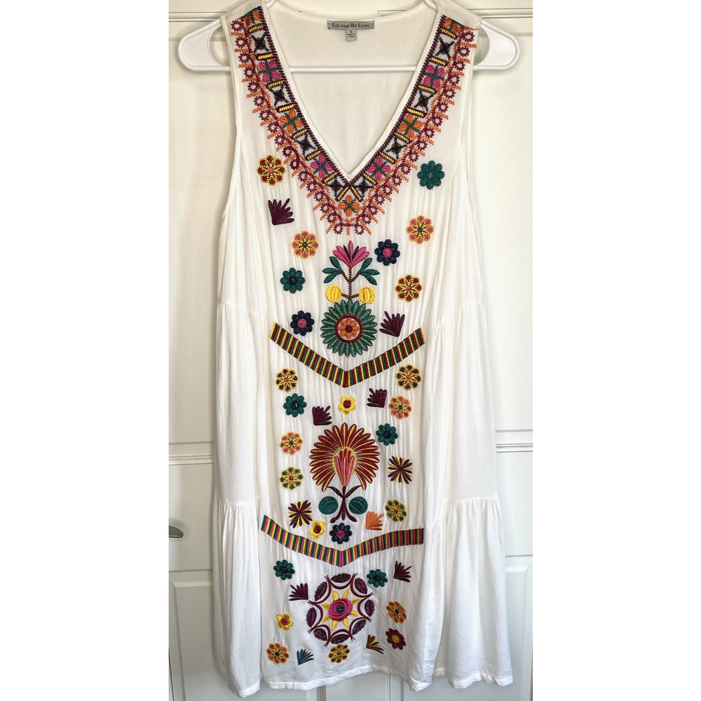 See and Be Seen Women's Embroidered Tiered Dress Size S Boho Peasant Beach Color